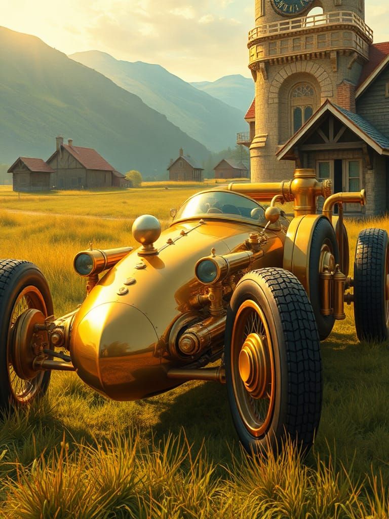 Golden Steam-Powered Racecar Inspired by Flåklypa Grand Prix