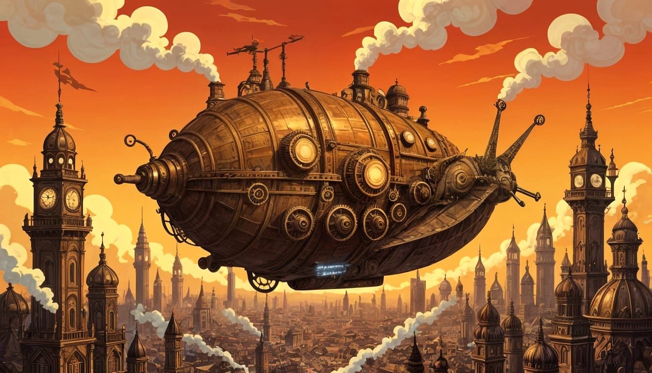 Steampunk Snail Airship Over Clockwork Metropolis