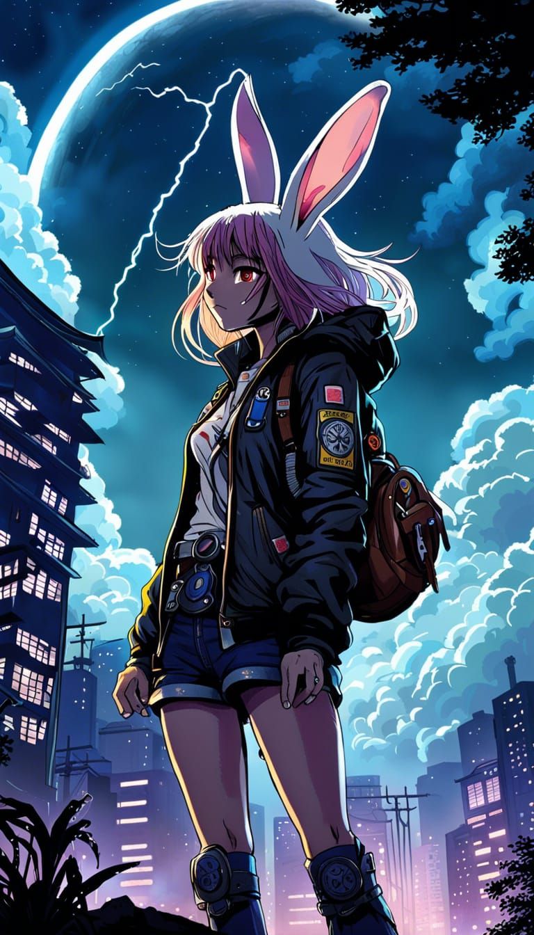 Rabbit Girl in Cyberpunk City with Stargate, Ukiyo-e Style