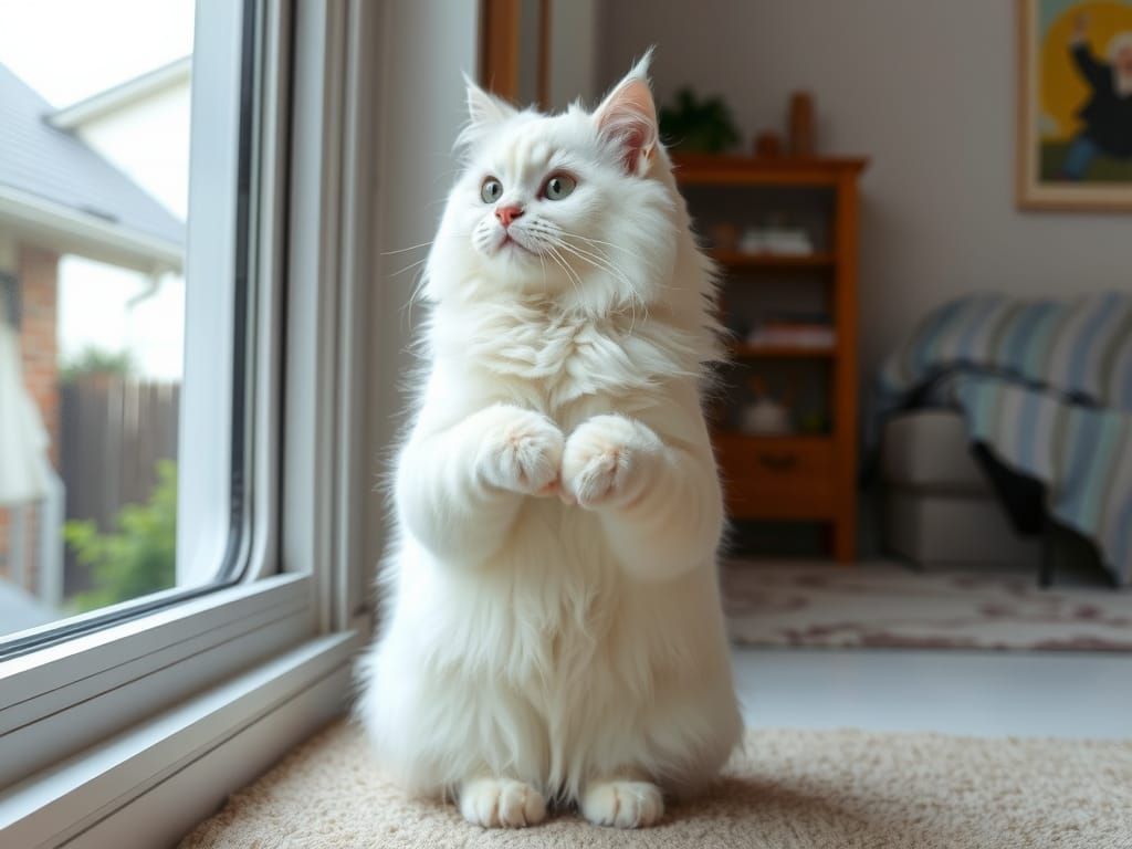 Whimsical White Persian Cat Looks Out the Window with Hands ...