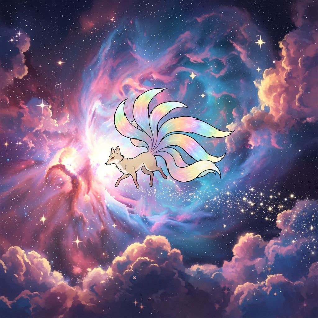 Celestial Kitsune Dances Through Nebula in Anime Style