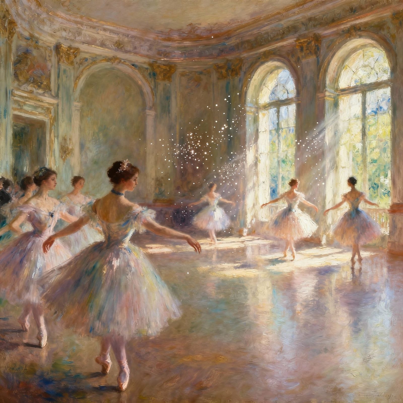 Elegant Ballerinas Dancing in Ornate Ballroom