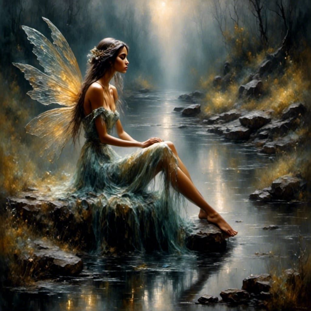 Enchanting Fairy by Waterfall in Dreamy Twilight