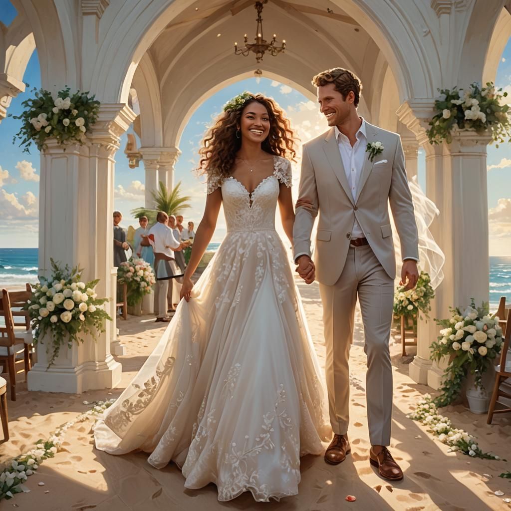 Beach Wedding Exit in Romantic Realism Style
