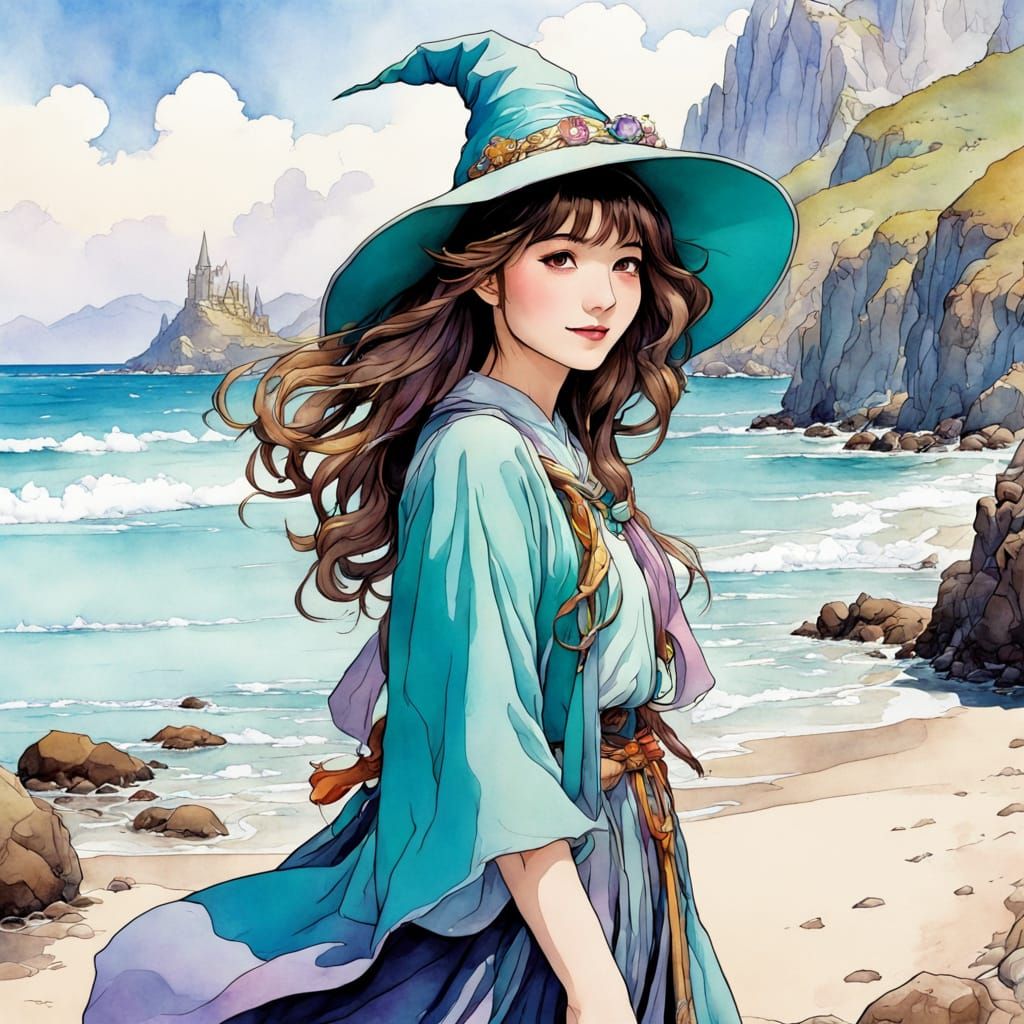 Cheerful Girl Wizard on Rocky Seashore in Watercolor Style