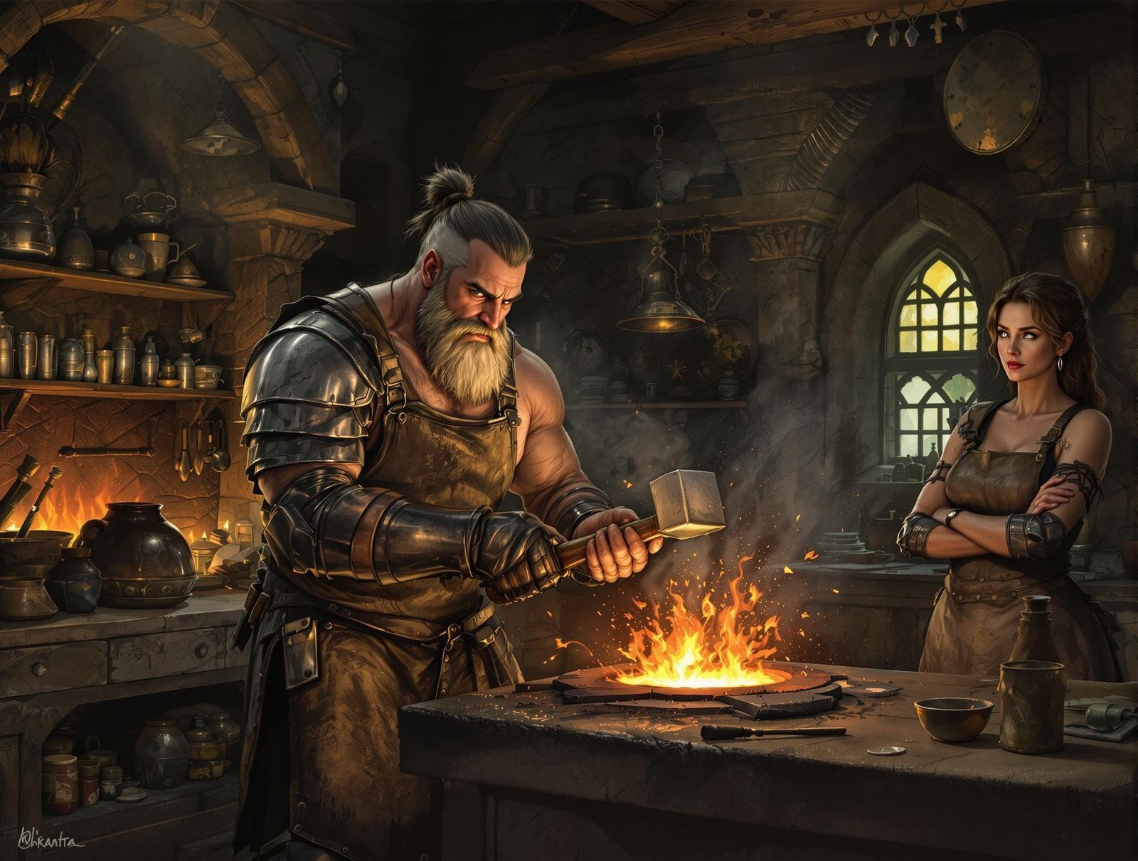 Medieval Armorer's Family at Work in Gritty Fantasy World