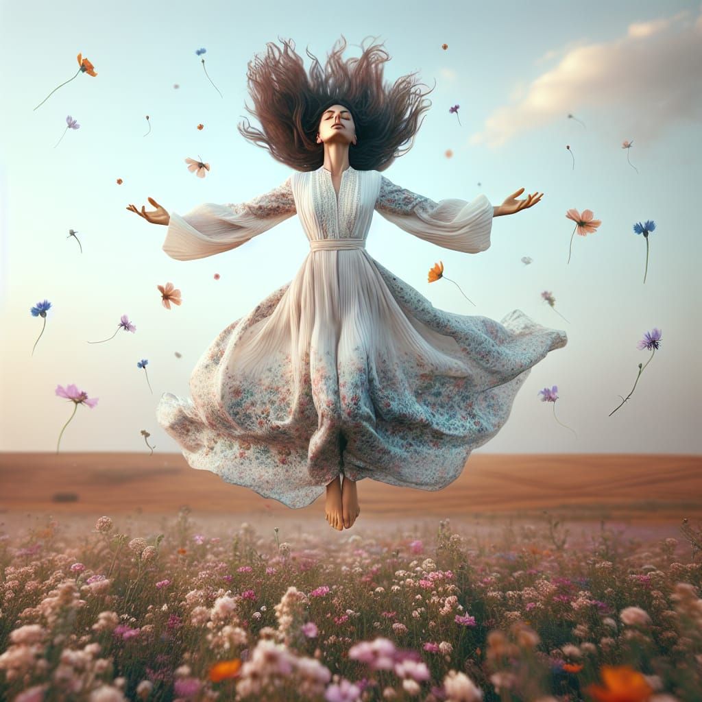 Woman in Flowing Dress Surrounded by Whimsical Wildflowers
