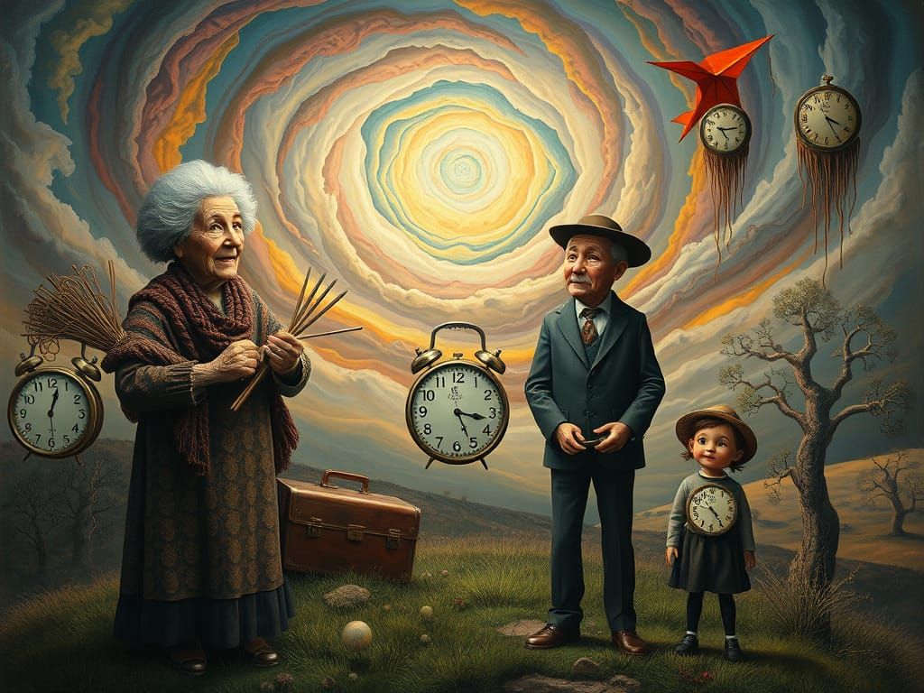 Surreal Family in Dreamlike Landscape with Melting Clocks