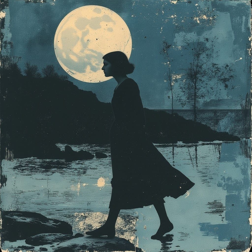 Surreal Woman Dancing Under Moonlight in Abstract Expression...