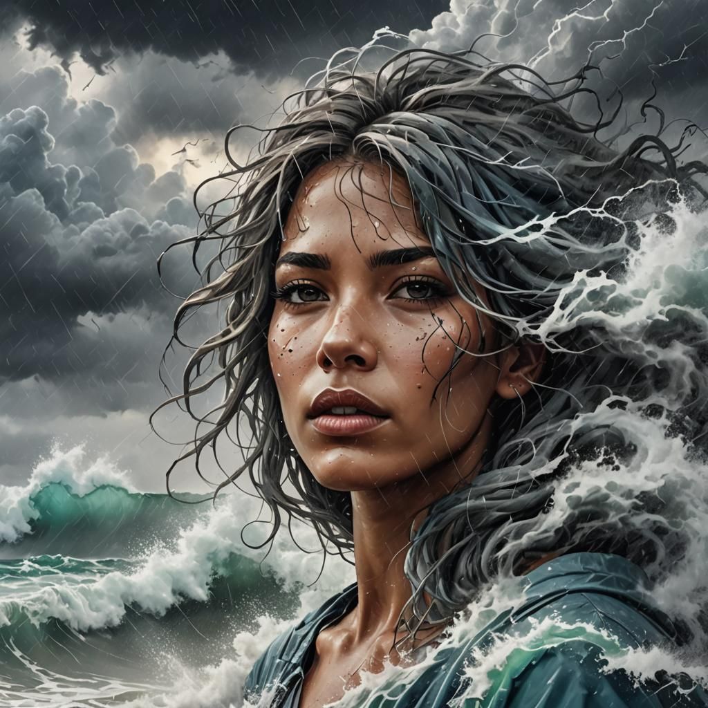 Storm Cloud Woman: Surreal Graffiti Art Seascape