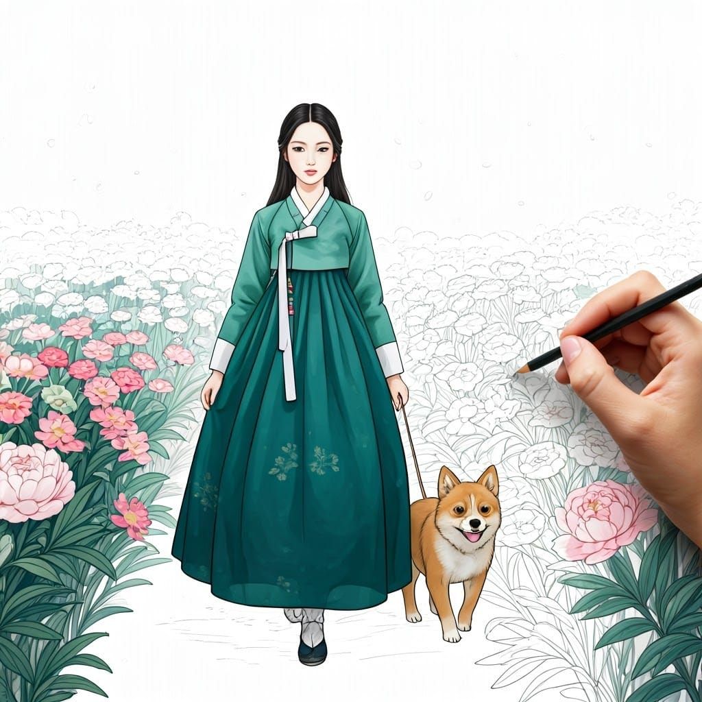 Woman and Puppy in a Dreamy, Black and White Garden Scene