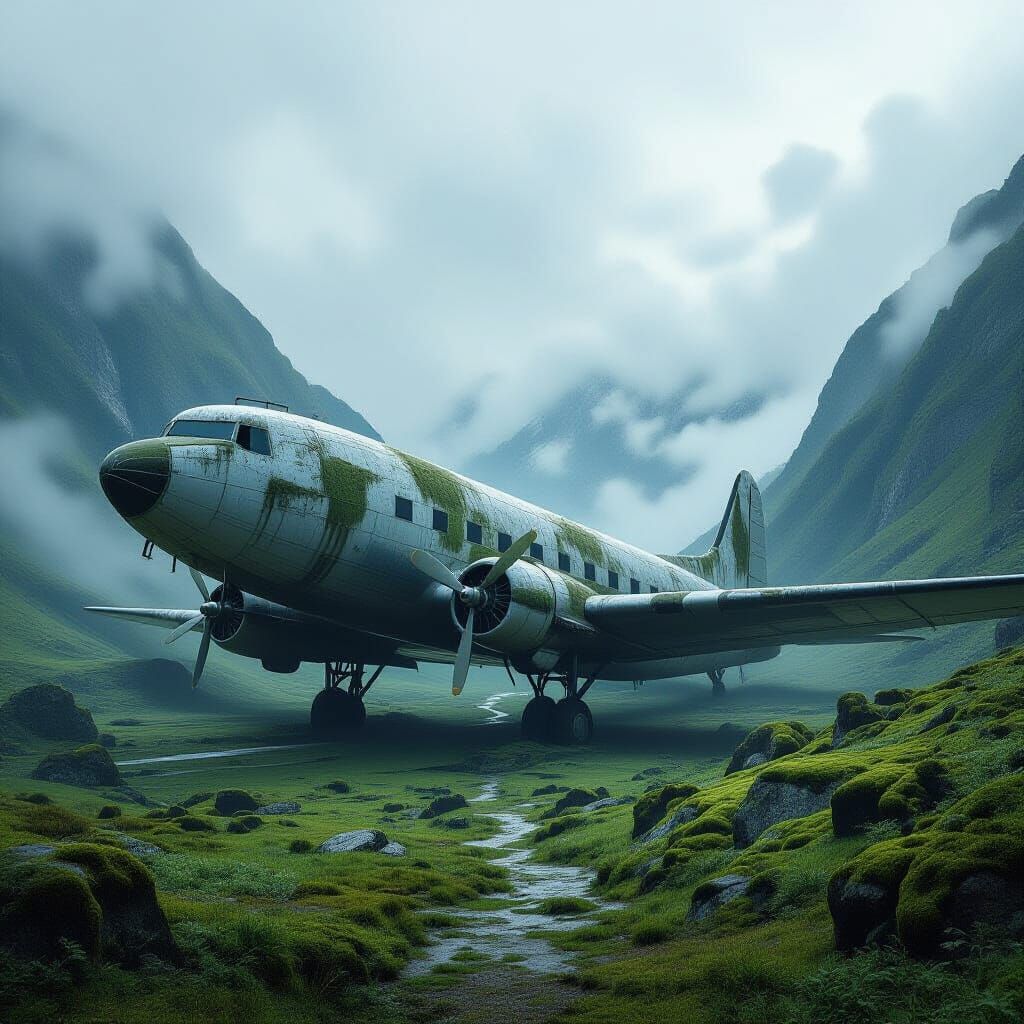 Ancient Airplane in Cosmic Valley, Brutalist Style