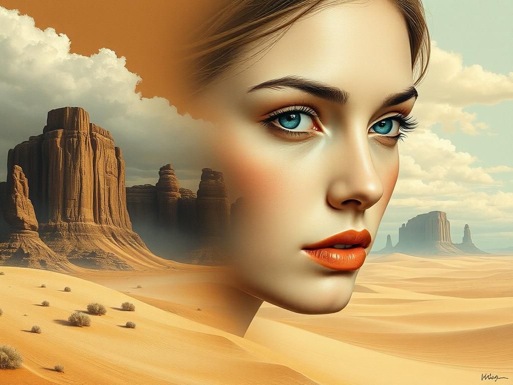 Ethereal Woman Merges with Desert Landscape