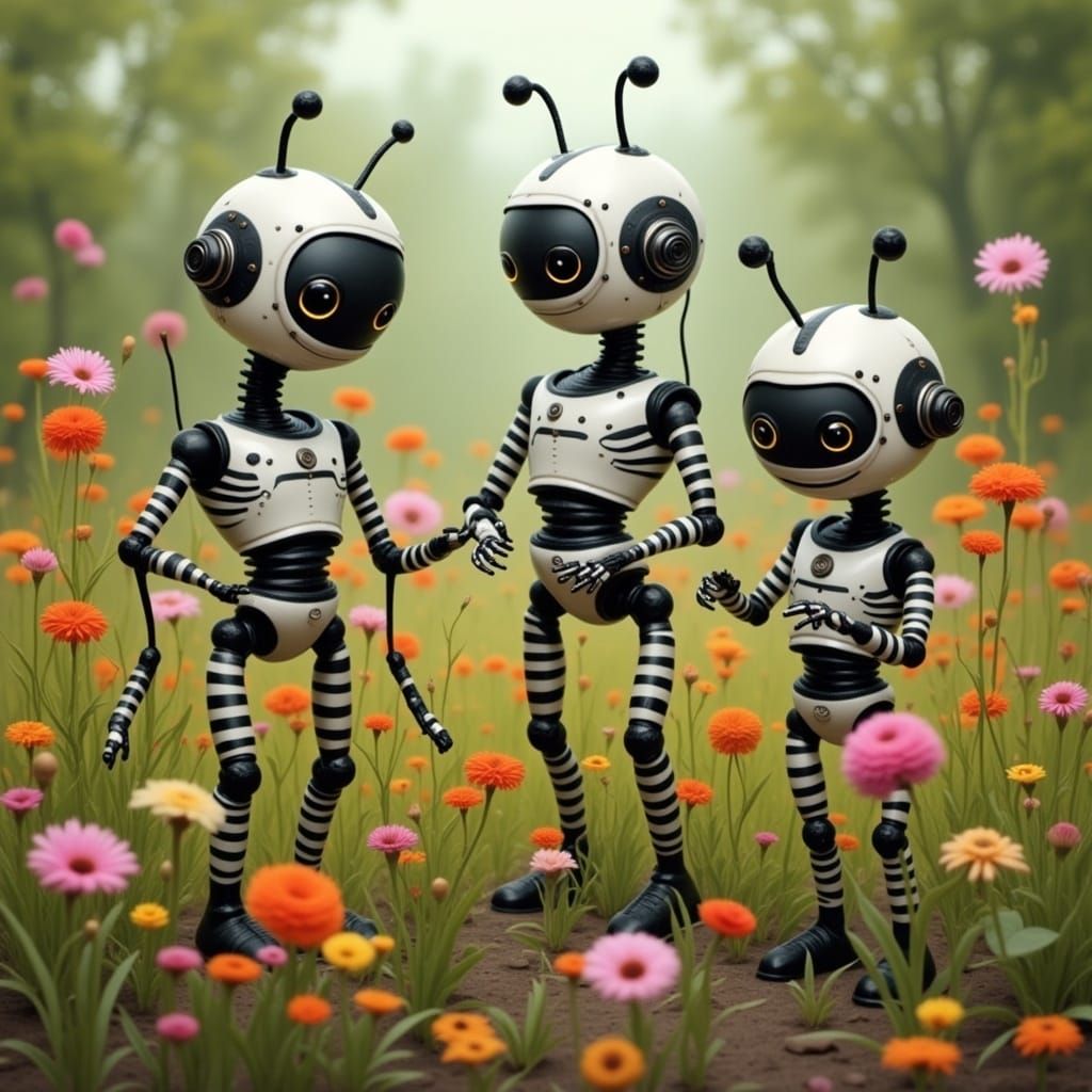Cute Robots in Flower Garden, Zebrapunk Style