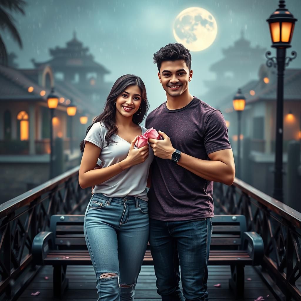 Lovers Walking on Bridge in Moonlight