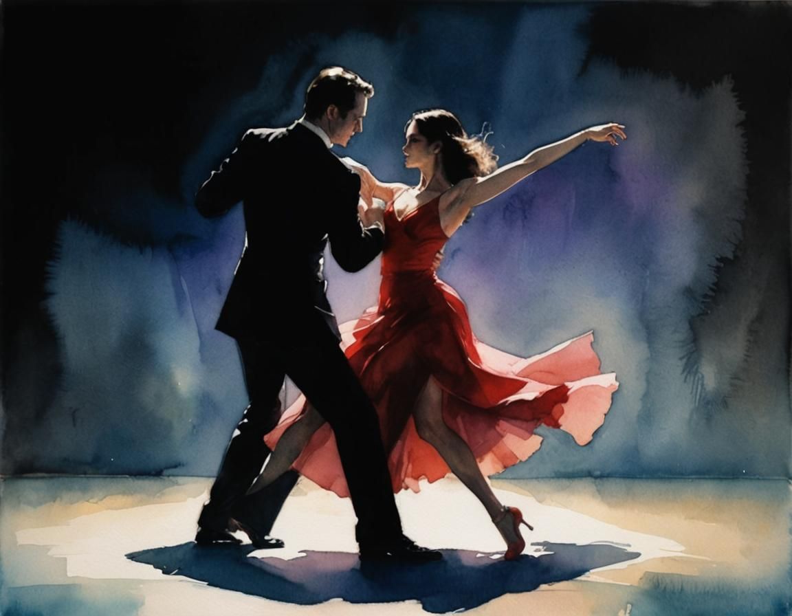 Tango Dancing Couple in Watercolor Style