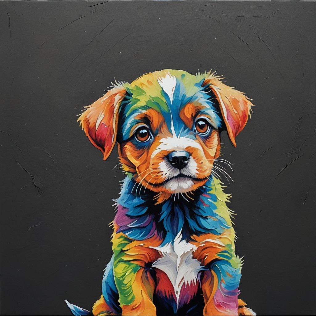 Rainbow Puppy Portrait in Ultra Minimalist Acrylic Style
