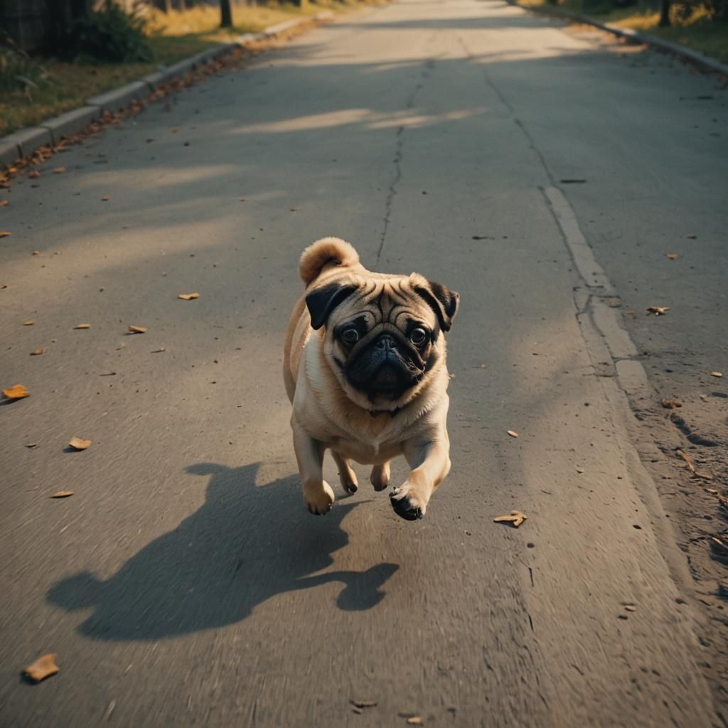 Pug Running: Cinematic Film Still in 4k