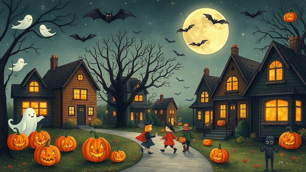 Enchanting Halloween Scene in Children's Illustration Style
