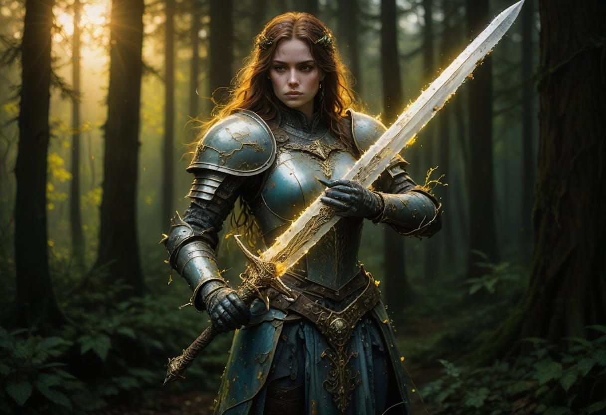 Vibrant Female Knight in Ethereal Sunrise Landscape