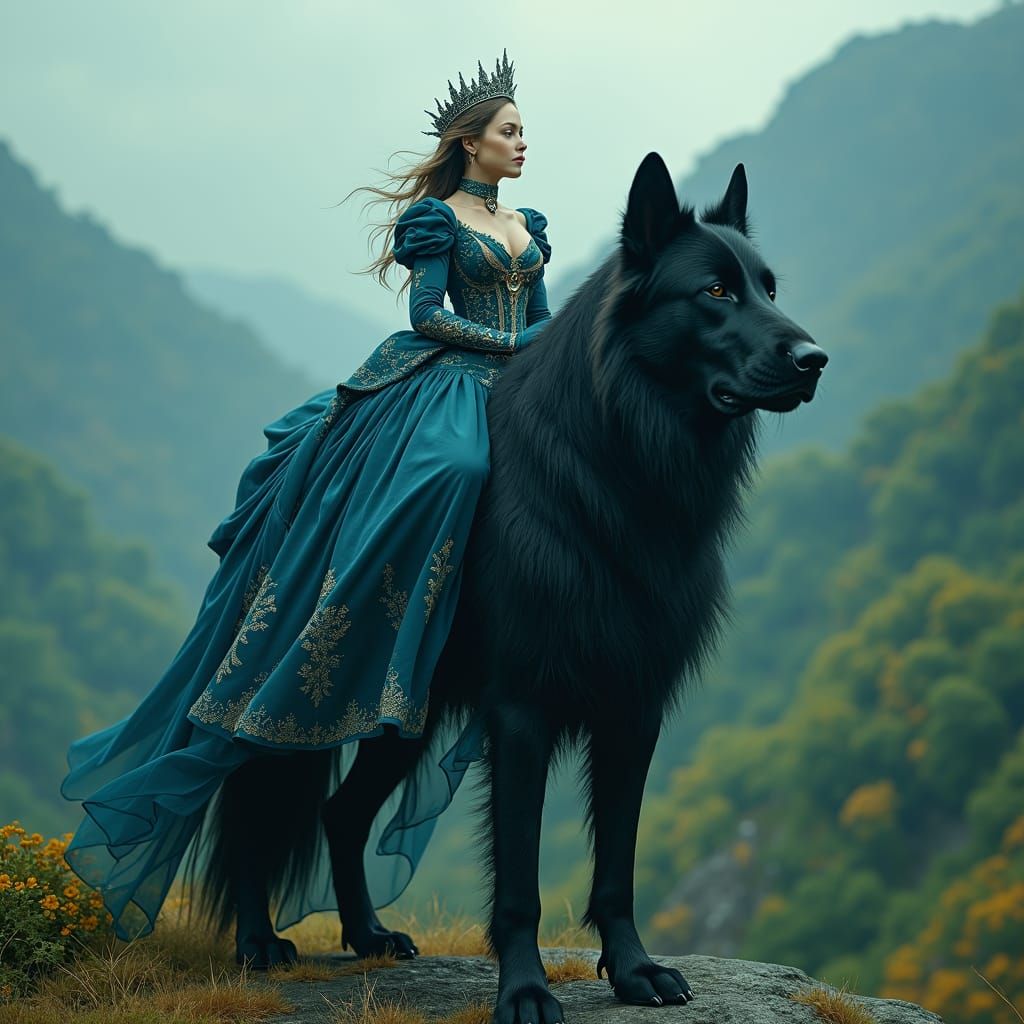 Regal Woman Rides Giant Dog in Mystic Forest