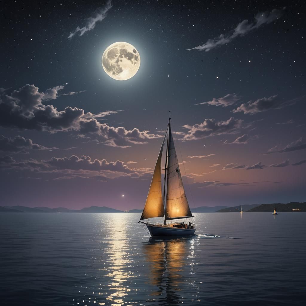 Hyperrealistic Sailboat Under Moonlight on Dark Ocean
