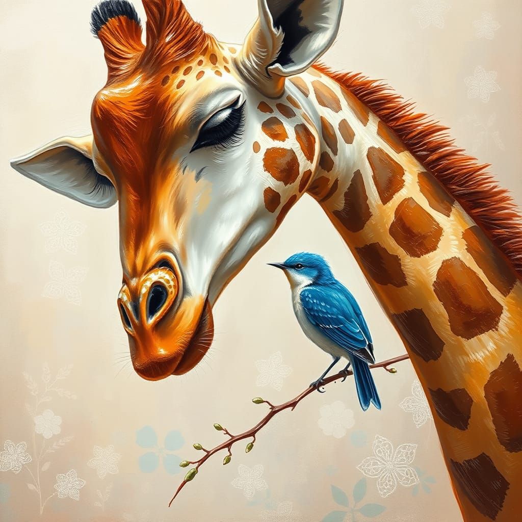 Giraffe and Bird: A Heartwarming Impressionistic Painting