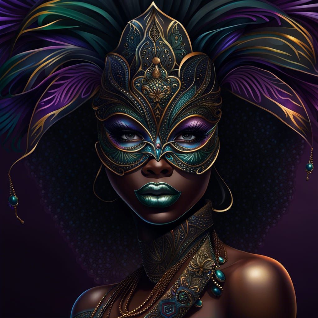 Hyperdetailed Mardi Gras Mask on Black Girl