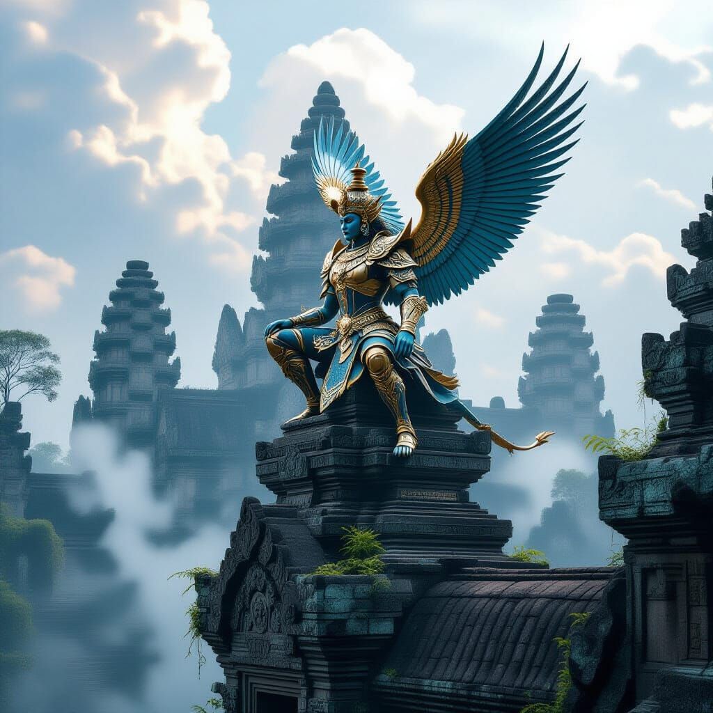 Garuda Over Angkor Wat: Cyberpunk Dystopian Art