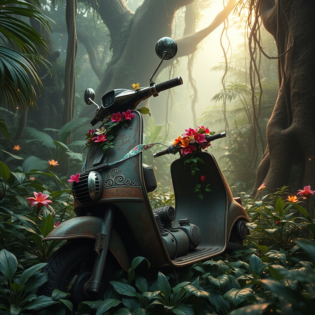 Vintage Scooter Lost in Mystical Jungle