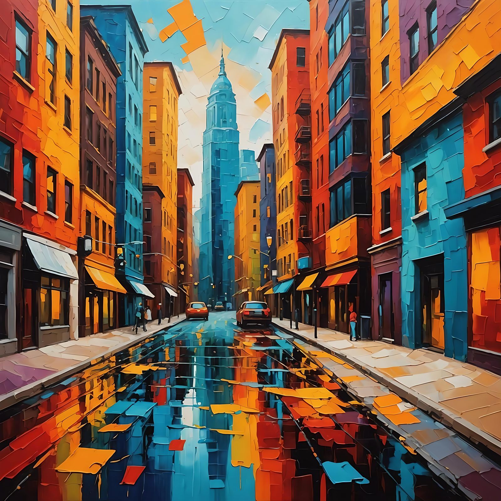 Vibrant Abstract Urban Landscape in Impasto Style