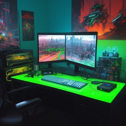 Hyperrealistic Concept Art of a Neon-Lit Computer Desk