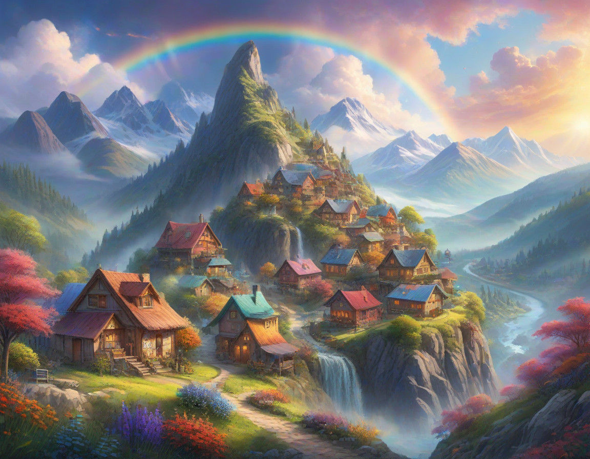 Vibrant Rainbow Adorns Heavenly Mountain Village