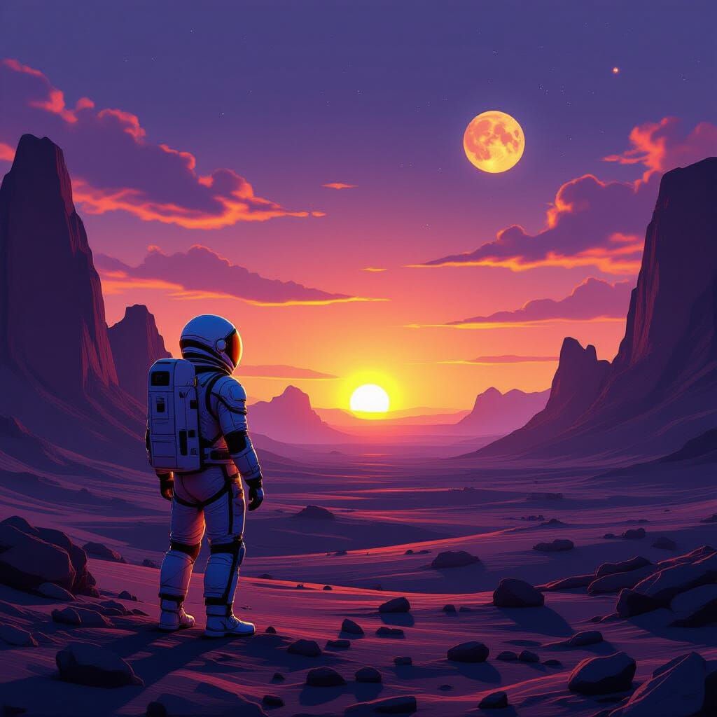 Astronaut and Binary Sunset on Alien Planet