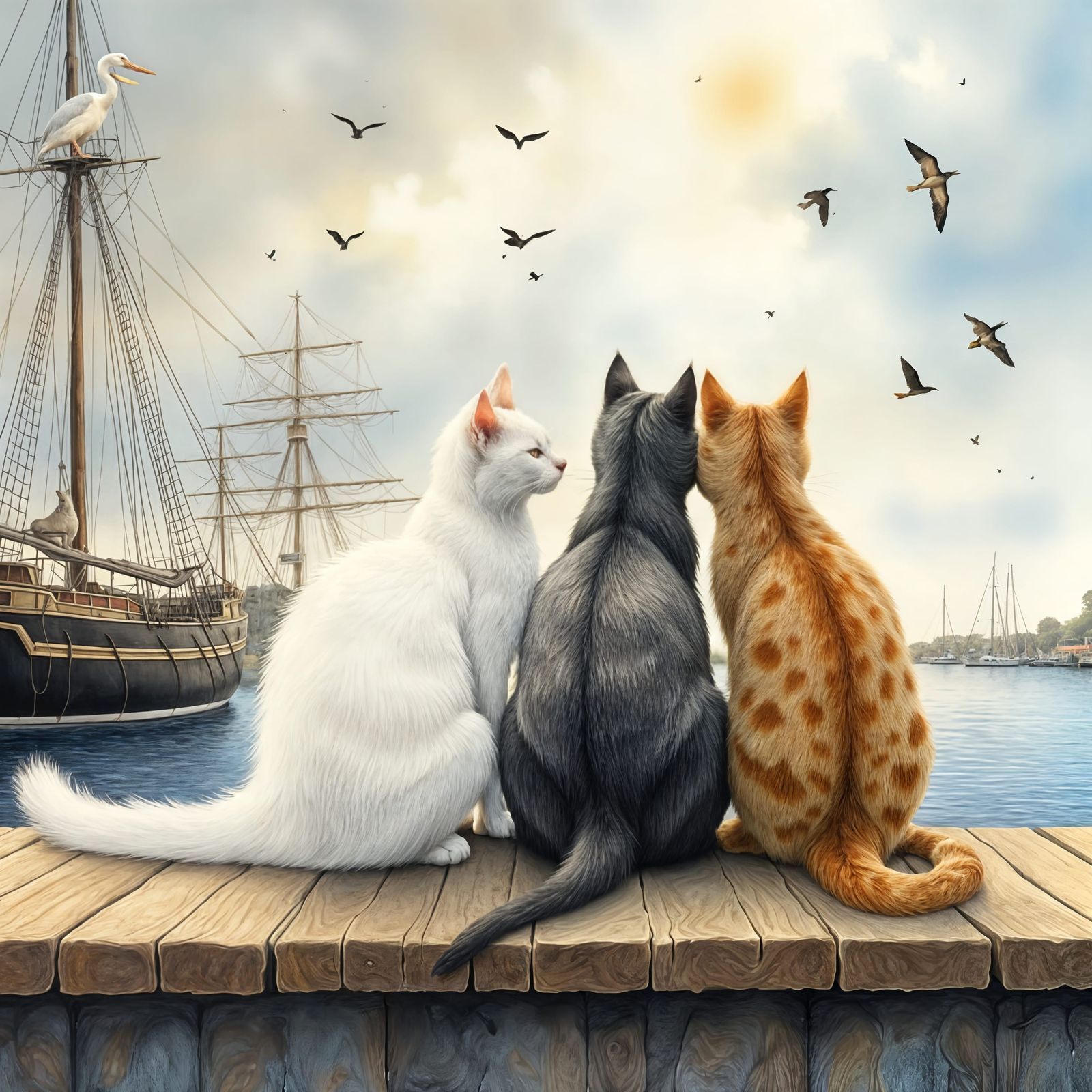 Cats and Pelican Watch Seagulls on Sunny Wharf