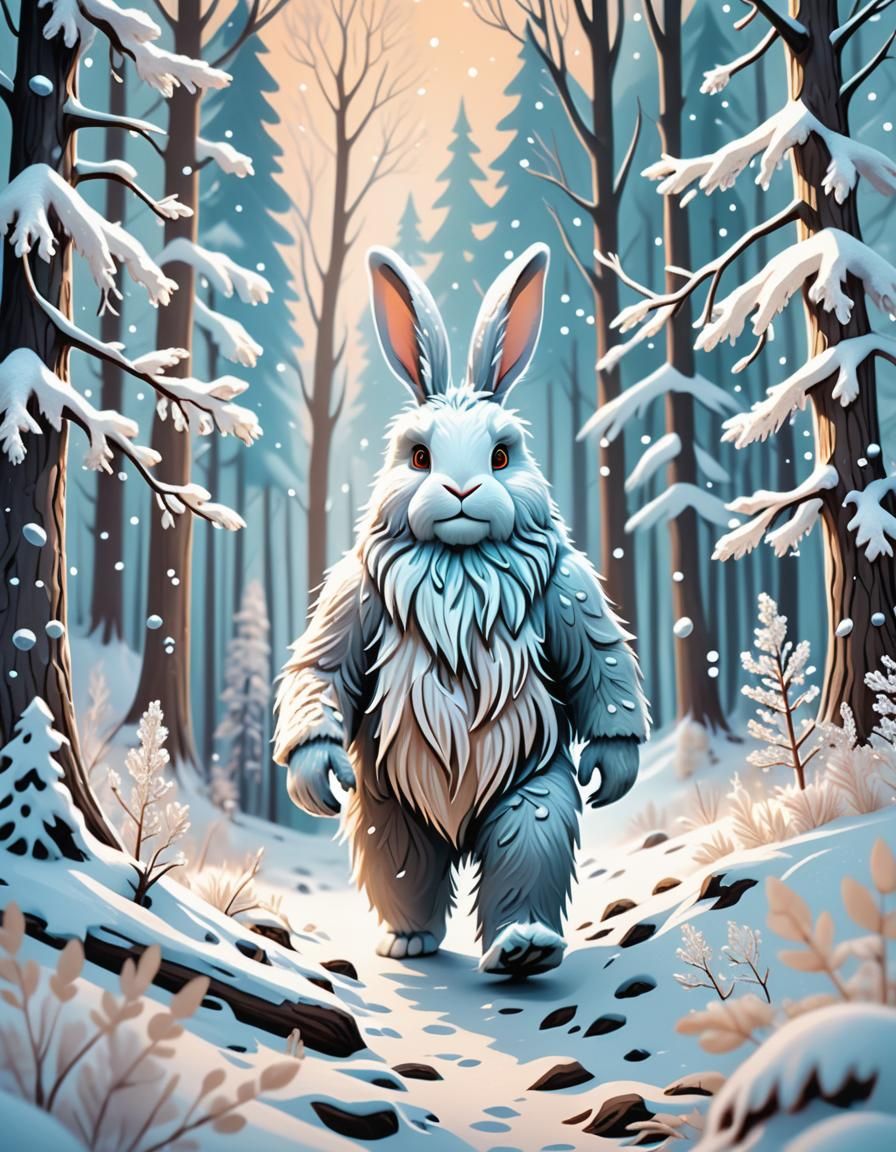 Rabbit Yeti in Whimsical Winter Forest