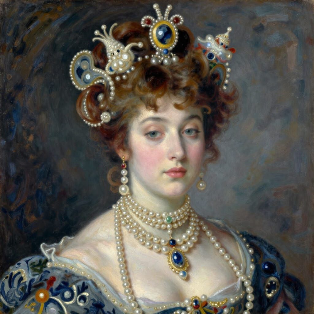 Fornasetti-Inspired Portrait of a Pearl-Adorned Woman
