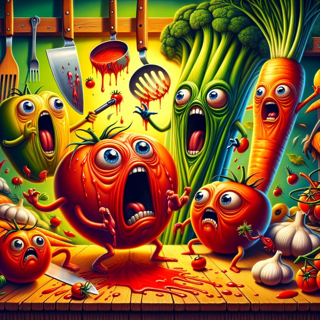 Comedic Kitchen Scene with Personified Vegetables