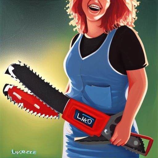 Woman Joyfully Holding Chainsaw, Graphic Illustration