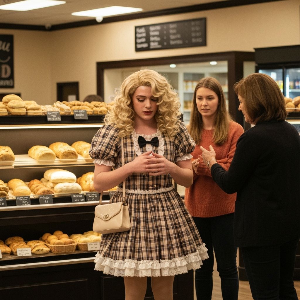 Mother Shows Son in Frilly Dress at Bakery