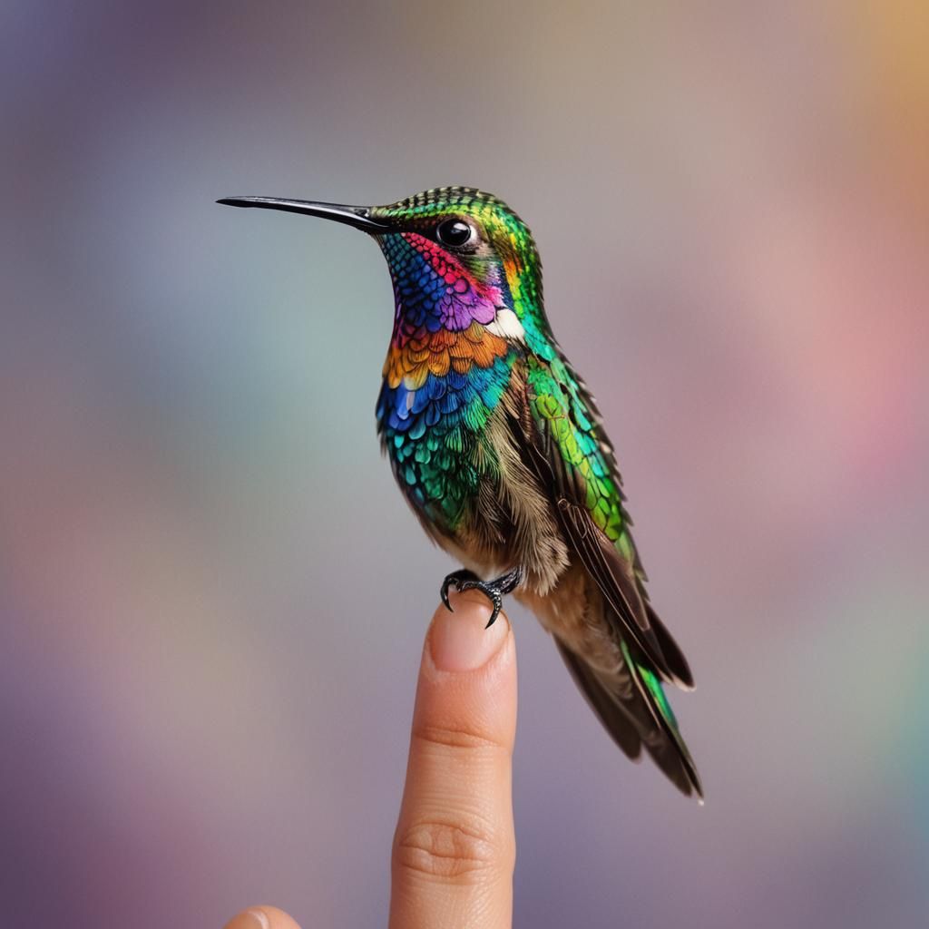 Hummingbird on Finger: Macro Oil Painting