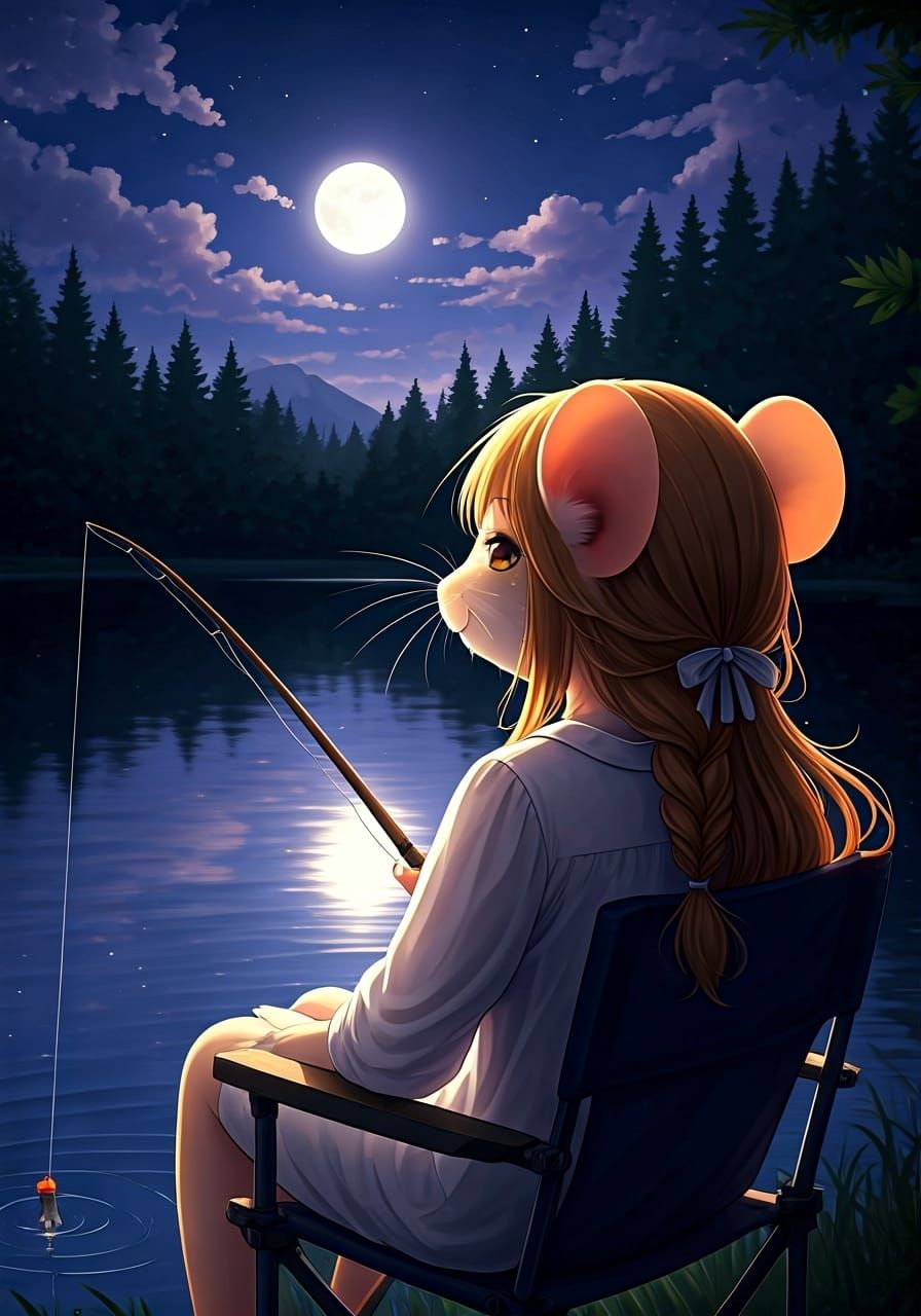 Anime Mouse Fishing at Night in Fantasy Landscape