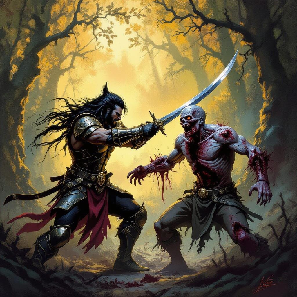 Jackal Warrior Battles Zombie in Mystical Forest