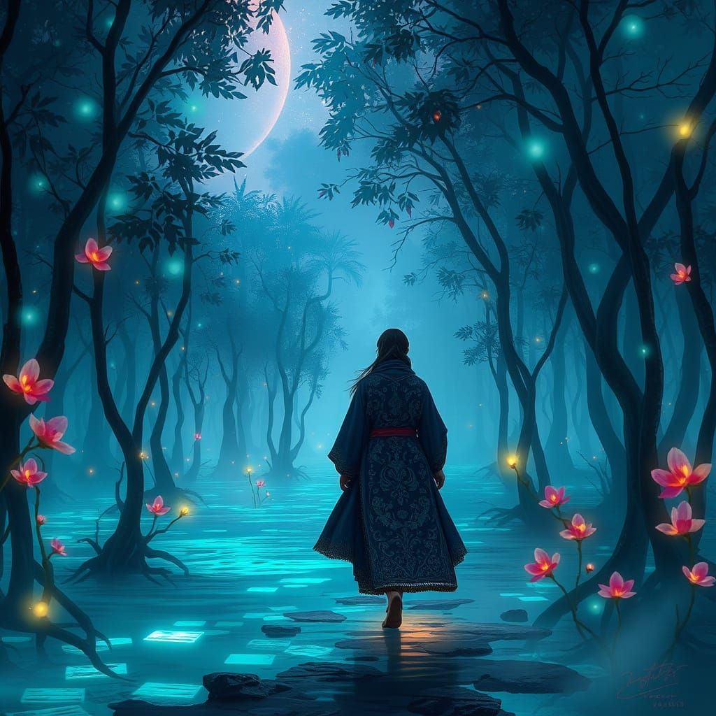 Traveler in Bioluminescent Mangrove Forest, Digital Painting