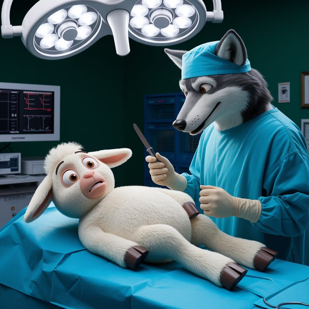 Worried Lamb Meets Wolf Surgeon in Hyperreal Style