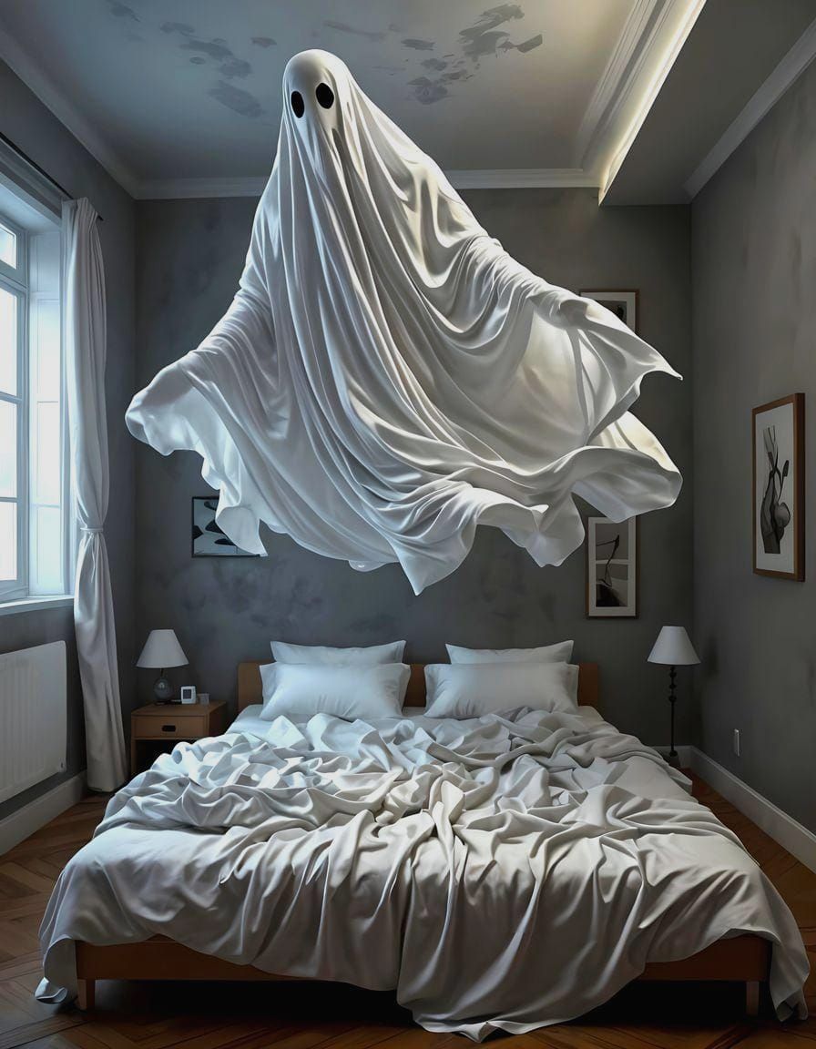 Ethereal Bedsheet Ghost Floats in Bedroom: 16k Render