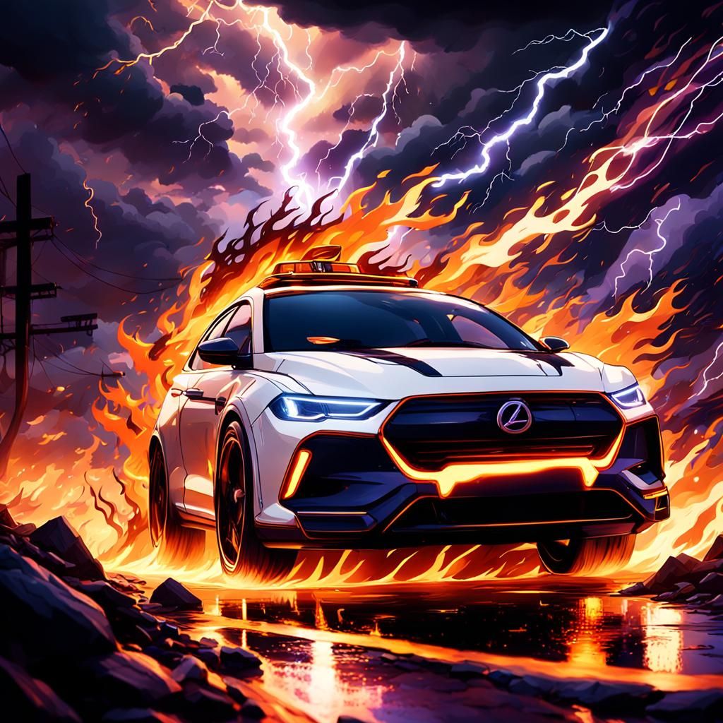 White Car Speeds Through Stormy Night in Fantasy Style