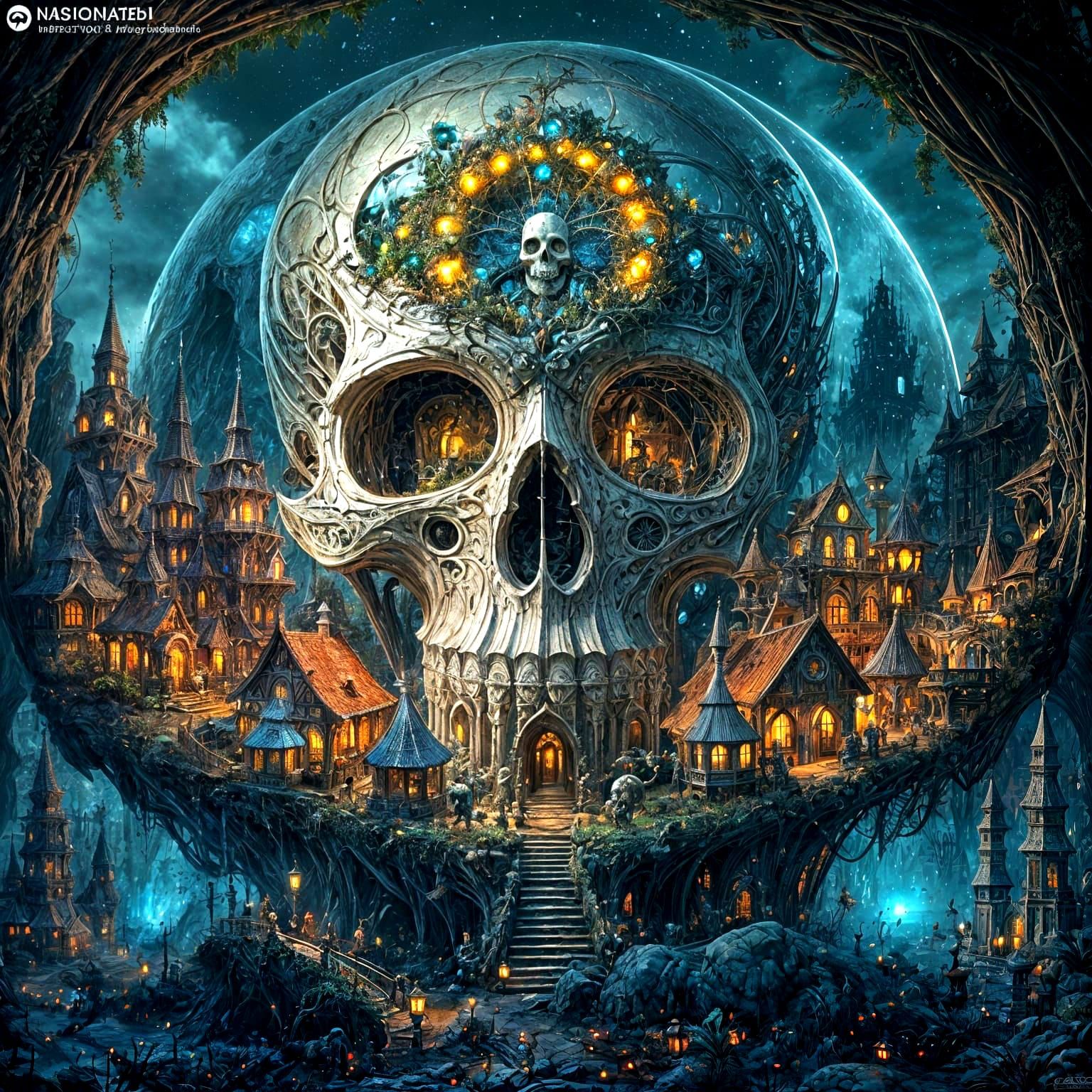 Fantasy Faerie Village Inside Glowing Skull