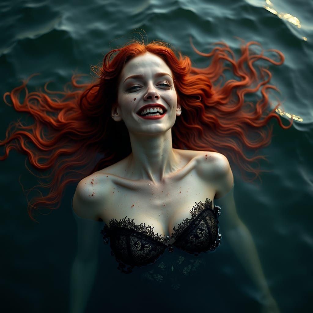 Woman with Red Hair Floating in Black Water