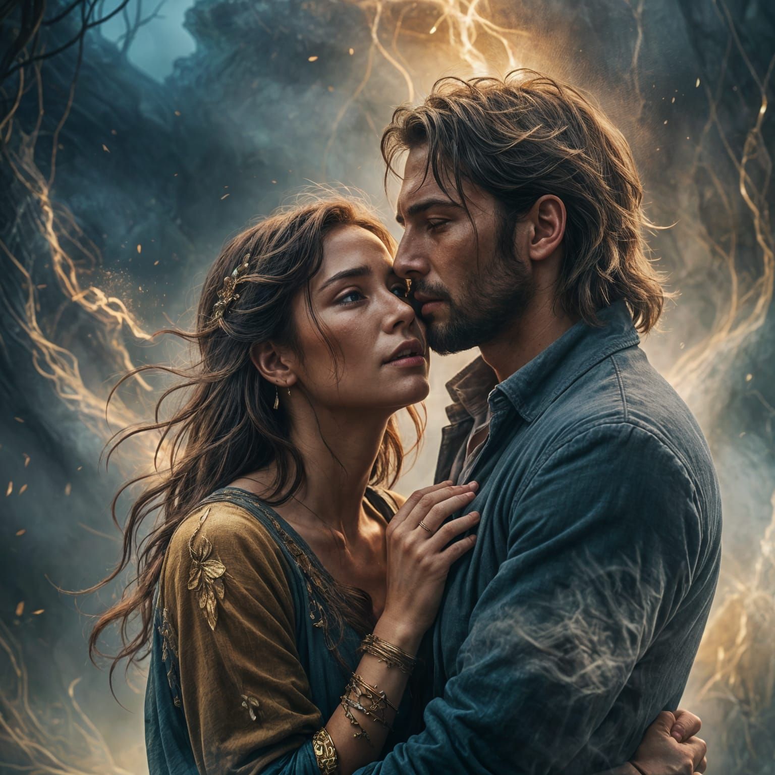 Woman Embracing Vanishing Man: Detailed Fantasy Art